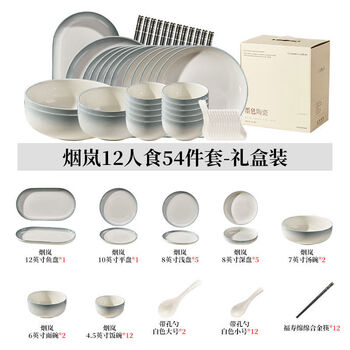 Sanqihu underglaze colored bowls and dishes tableware home 2024 new style ceramic bowls and plate sets for moving to a new home bowl and chopsticks set underglaze colored gaoyanlan 12-person 54-piece set-gift box