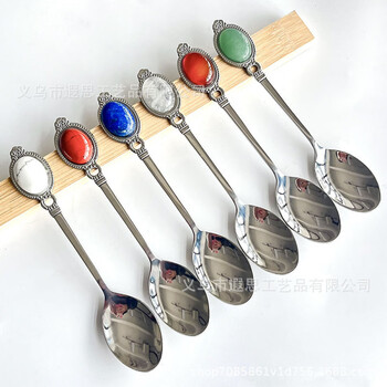 Tongrubi new cross-border natural crystal inlaid metal spoon dessert coffee spoon stirring creative gift retro style amethyst (gold) about 45-60g