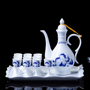Jiulou pavilion jingdezhen blue and white high-temperature ceramics antique liquor jug, wine glass and wine set set, 1 pot, 10 cups, more than enough every year, foam safety packaging - not including tray