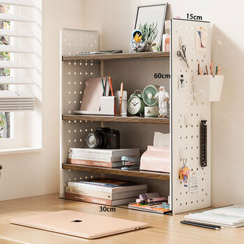 Bedroom desktop storage rack hole board desk storage rack student dormitory punch-free multi-layer iron finishing shelf three-layer walnut color 30*15*60 four hooks in one box