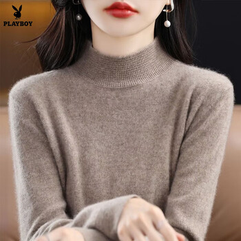 Playboy (playboy) new autumn and winter style inner sweater for women, stylish long-sleeved bottoming shirt, half turtleneck wool sweater, loose pullover top, official flagship elegant camel s
