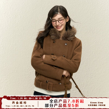 Eleven sleep autumn and winter fur collar woolen coat korean commuting versatile brown short wool jacket top women brown s