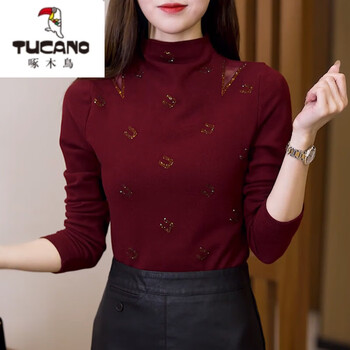 Woodpecker (tucano) half turtleneck bottoming shirt for women, autumn and winter 2026 new warm black thickened german velvet inner with hot diamond versatile top, maroon m, recommended 80-98 pounds