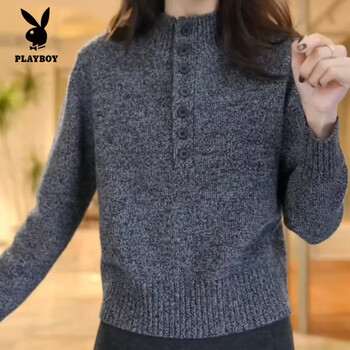 Playboy (playboy) buttoned half-turtleneck sweater for women in spring, autumn and winter, loose and slim knitted top, fashionable floral bottoming shirt for women, gray 2xl, recommended 130-145 pounds