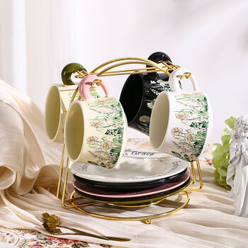 Tuojin jingdezhen ceramic coffee cup and saucer set for household drinking water, exquisite light luxurious and highly designed afternoon tea women's cup jasmine - green, pink, white and black 4 cups and 4 saucers - stand - + spoon