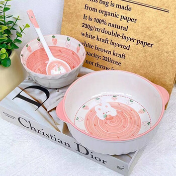 Tuojin cute double-eared soup bowl household ceramic instant noodles large bowl yogurt personal-dedicated dormitory student tableware for one person strawberry rabbit 3-piece set