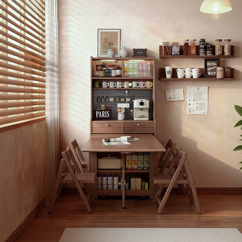 Isabelle small apartment living room sideboard folding solid wood dining table and chairs integrated wall-mounted medieval style tea storage high cabinet single cabinet (with power track) + 1.7m dining table + 4 chairs tempered changhong glass