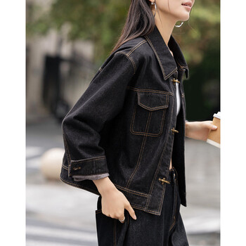 Demana cloud-like cotton blend spring retro-style lapel fake pocket topstitching loose small women's denim jacket