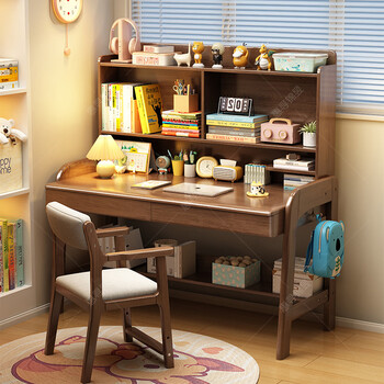 Huixun solid wood desk student home with bookshelf integrated desk liftable children's study table bedroom simple computer desk fas grade rubber wood without veneer walnut #desk + bookshelf 100cm*60cm*75cm total height 135cm