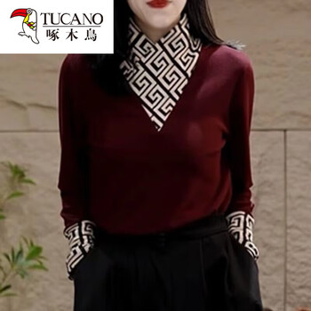 Woodpecker (tucano) double-sided german velvet bottoming shirt for women in autumn and winter 2026 new casual versatile belly-covering slimming stitched high-neck warm shirt burgundy 2xl weight 130-145 catties