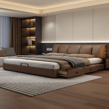 Mousse new leather bed italian minimalist master bedroom large bed modern light luxury storage bed soft package double wedding bed deluxe version 10cm steel and wood rib frame light luxury napa leather single bed 1500mm*2000mm x air pressure structure