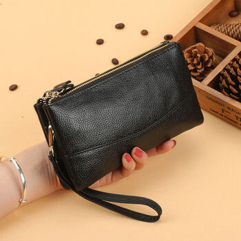 Double zipper capacity genuine leather hand carry change for women, versatile 2024 new soft leather small hand to hold mobile phone money, black leather to create double zipper capacity