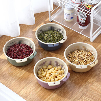 Shantou lincun double-layer drain sieve multi-functional household plastic vegetable basket fruit washing basin drain basket sieve vegetable basket small wine red