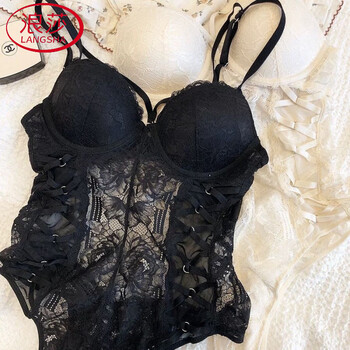 Langsha sexy lace one-piece women's small breast push-up underwear shows bigger bra shaping belly controlling waist corset all-in-one body shaping garment black single piece s 32/70bc full cup