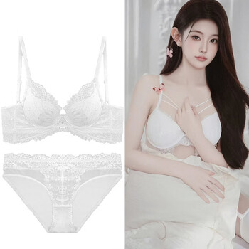 Victoria palace sexy underwear elegant thin soft wire lace bra set large breasts reveal small reduced secondary breasts anti-sagging gathering white bra + panties 70b purple bra + panties