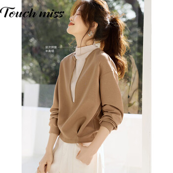 Touchmiss popular fake two-piece design long-sleeved top winter and spring new style petite women's sweatshirt hoodless khaki xl