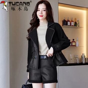 Woodpecker (tucano) fur one-piece jacket for women reversible 2026 new winter loose casual high-end leather jacket drawstring top black only one top coat l 90-110 catties
