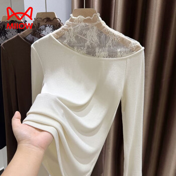 Miiow large size brushed lace long sleeve bottoming shirt women's fat mesh mesh splicing sloping shoulder t-shirt top black 2xl