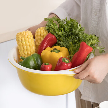 Camellia kitchen vegetable basket plastic fruit basin double layer drain basket leaking fruit and vegetable basket vegetable basin drip sieve 1156 new yellow
