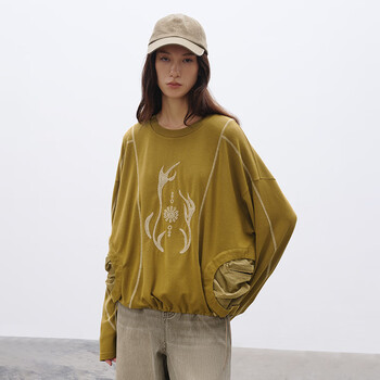 Semicircle original women's sports 2026 spring contrast color split light sports round neck embroidered splicing t-shirt women's ginger s