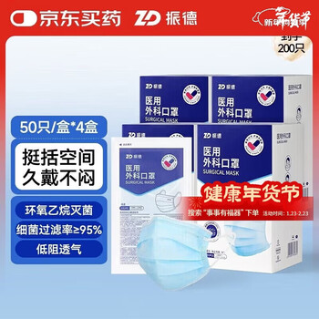 Zhende medical grade surgical masks individually packaged sterilization grade three-layer breathable winter dust-proof formaldehyde blue 200 pieces