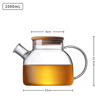 Yusenyi high temperature resistant household large-capacity kettle, teapot, cold water cup, commercial glass kettle, 1000ml flower teapot, bamboo lid for hotels and restaurants