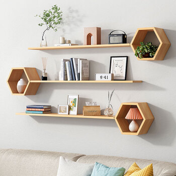 Fantasy hexagonal wall shelf bookshelf living room wall decoration shelf bedroom creative tv background wall shelf yellow wood color 1 meter paint-free board color changeable