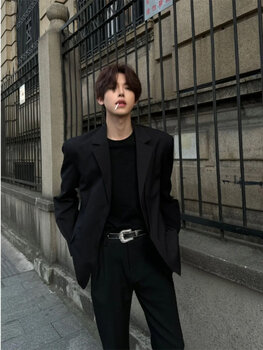Shelley jones black shoulder pad blazer men's handsome and high-end british yuppie men's spring and autumn korean style suit jacket black m recommended 80-100 pounds