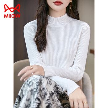 Miiow cotton half turtleneck bottoming shirt for women, autumn and winter cotton versatile top with strips to look slim and inner knitted sweater, white s