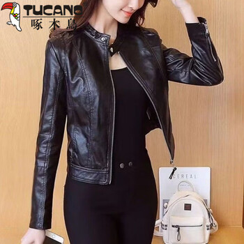 Woodpecker (tucano) velvet leather jacket women's short autumn and winter new korean style motorcycle pu leather short jacket stand collar slim slim leather jacket black velvet l