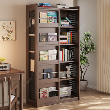 Huixun solid wood bookshelf floor-standing storage rack living room sliding door display cabinet bookcase integrated children's multi-layer picture book storage rack fas grade rubber wood no veneer black walnut color #1 90*40*184