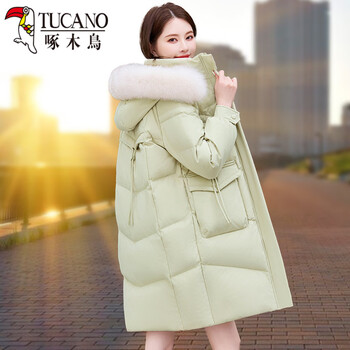 Woodpecker (tucano) official medium long down jacket women's white duck down 2026 new winter high-end western style big fur collar thickened outer avocado + fox fur 2xl (140-155 weight)