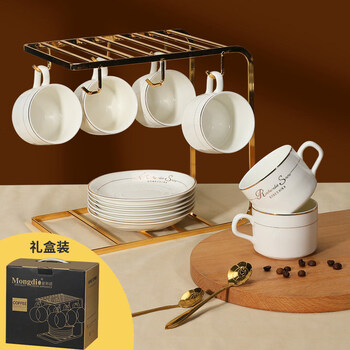 Tuojin jingdezhen ceramic coffee cup, exquisite coffee cup set, european coffee cup, saucer and spoon, light luxury afternoon tea set, phnom penh six-piece set_u-shaped gold frame, gift box
