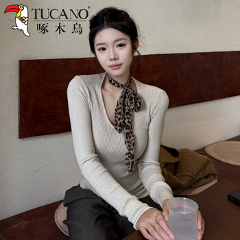 Woodpecker korean style solid color v-neck sweater for women, slim fit, inner wear, outer wear, bottoming shirt, sweater, long-sleeved top, milk tea apricot (v-neck top without lace) s