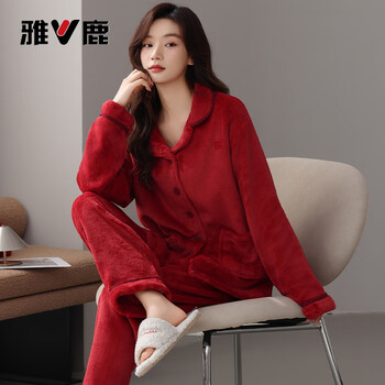 Yalu new winter flannel solid color lapel plus velvet thickened warm pajamas for women antistatic wearable casual suit ysm-8886 red l