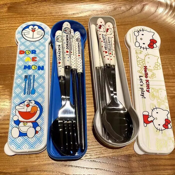 Tuojin imported high-quality portable cartoon fork, chopsticks and spoon set from japan for office workers to bring rice and students for cute travel hello spoon + chopsticks + fork + box three-piece set