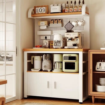 Fantasy kitchen shelf floor-standing multi-layer sideboard wall-mounted integrated storage cabinet multi-functional household microwave storage cabinet yellow shank wood color 80x40cm+row plug+hook