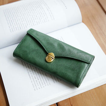 Genuine leather retro ladies long wallet first layer vegetable tanned cowhide large capacity lock buckle hand held horizontal multi-card slot wallet dark green