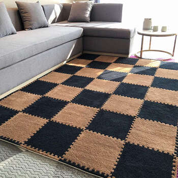 Fantasy plush bedside carpet for bedroom and living room, large area, fully paved dormitory children's floor mat, spliced tatami mat, black coffee color, free edge strips for collection, 30x30x1.0cm, 10 pieces, skin-friendly and cooling