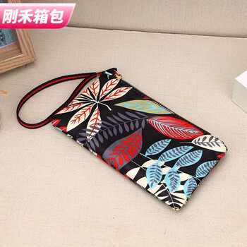 Ye yu mobile phone coin purse women's clutch bag fabric wallet retro literary forest style small handbag oxford cloth long small black leaves