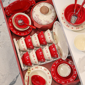 Qianzao bowl set wedding gift for newlyweds tableware set high-looking bowls and tableware complete set of red bowls, dishes, tableware, 18 pieces for 4 people + soup bowl gift box