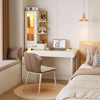 Fantasy desk and bookcase integrated study desk bedroom retractable computer desk combination 0.8m desk + storage cabinet + lift book chair freely retractable + prague white