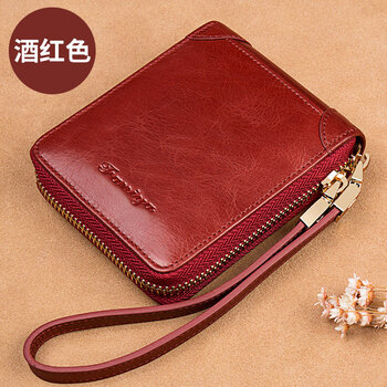 Women's wallet short genuine leather pure cowhide 2025 new zipper coin purse card holder integrated women's wallet wallet burgundy