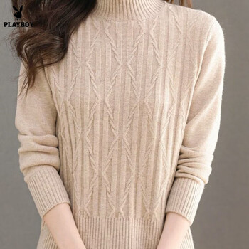 Playboy (playboy) autumn and winter 2026 new turtleneck sweater solid color loose western style knitted bottoming top thickened official flagship beige m recommended 90-100