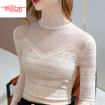 Yalu lace bottoming shirt for women in autumn and winter with a semi-high collar and a temperamental spring and autumn new style spliced mesh top. wavy lace is lined and not see-through. s recommended 75-90 catties