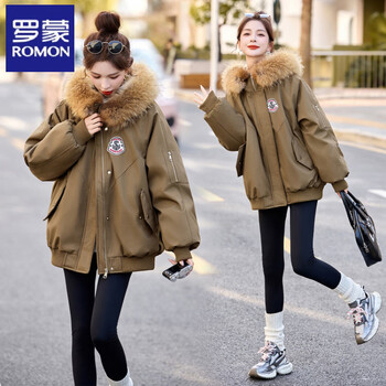 Romon 90 white duck down large fur collar workwear parker down jacket women's short 2026 winter new small thickened jacket khaki green s