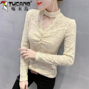 Woodpecker (tucano) velvet thickened bottoming shirt for women in autumn and winter, sexy hollow v-neck lace shirt, t-shirt, long-sleeved tight inner layer, western style top, apricot l, recommended 100-115 pounds