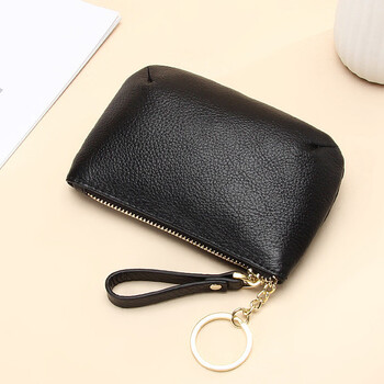 European and american fashionable leather key bag for women, simple soft leather zipper coin coin purse, first layer cowhide car keychain, black