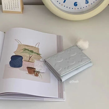 Fuyan cute little wallet card holder japanese short girls coin purse embossed fluff ball pendant with multiple card slots blue