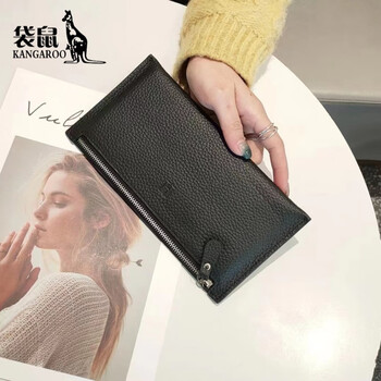 Kangaroo (kangaroo) korean style new leather long wallet valentine's day women's simple casual zipper wallet for mobile phone soft cowhide wallet black